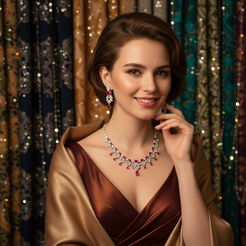Luxury Ruby Red Gemstone Statement Necklace Set for Women – Elegant Jewelry with Matching Earrings