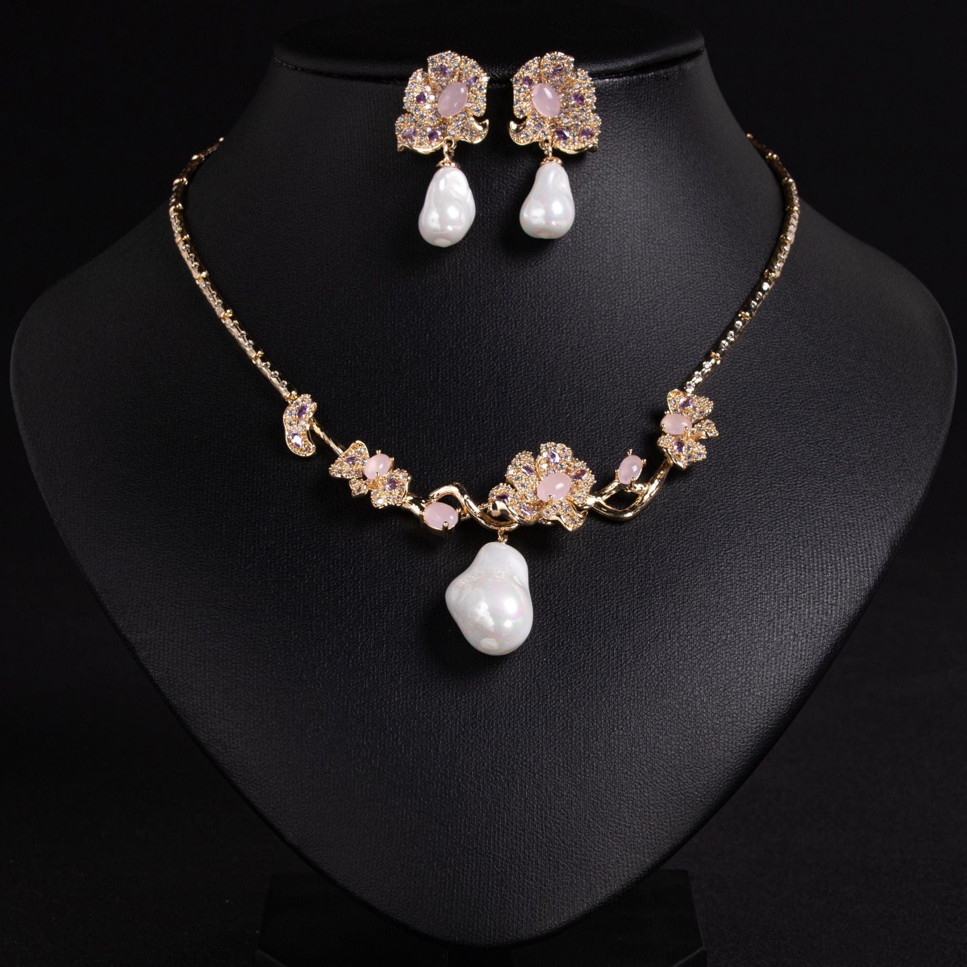 Cold wind collarbone chain earrings flower zircon necklace set
