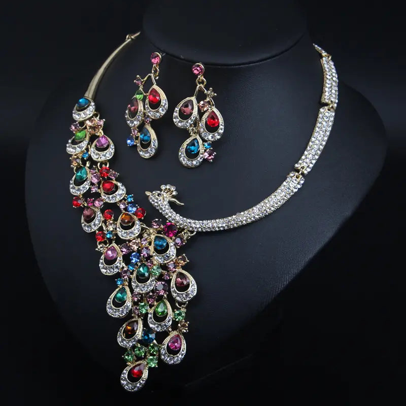 Luxury Multicolor Crystal Peacock Necklace and Earrings Jewelry Set