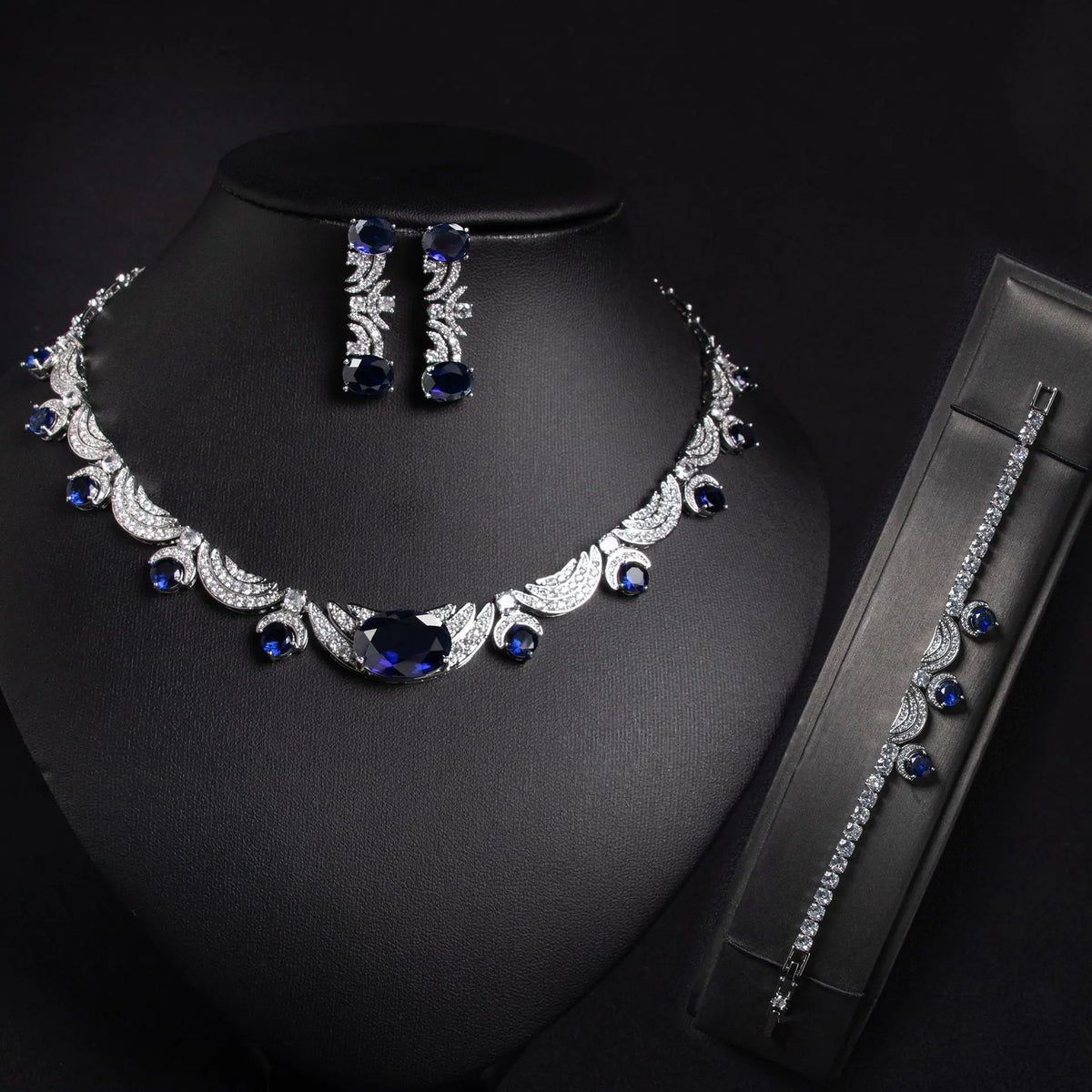 Ensemble de bijoux de luxe pour femmes, collier, boucles d'oreilles, bracelet en cristal rouge rubis