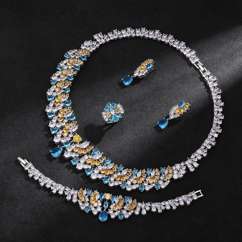 Luxury Blue Yellow Crystal Bridal Jewelry Set – Necklace Earrings Ring Tiara Set