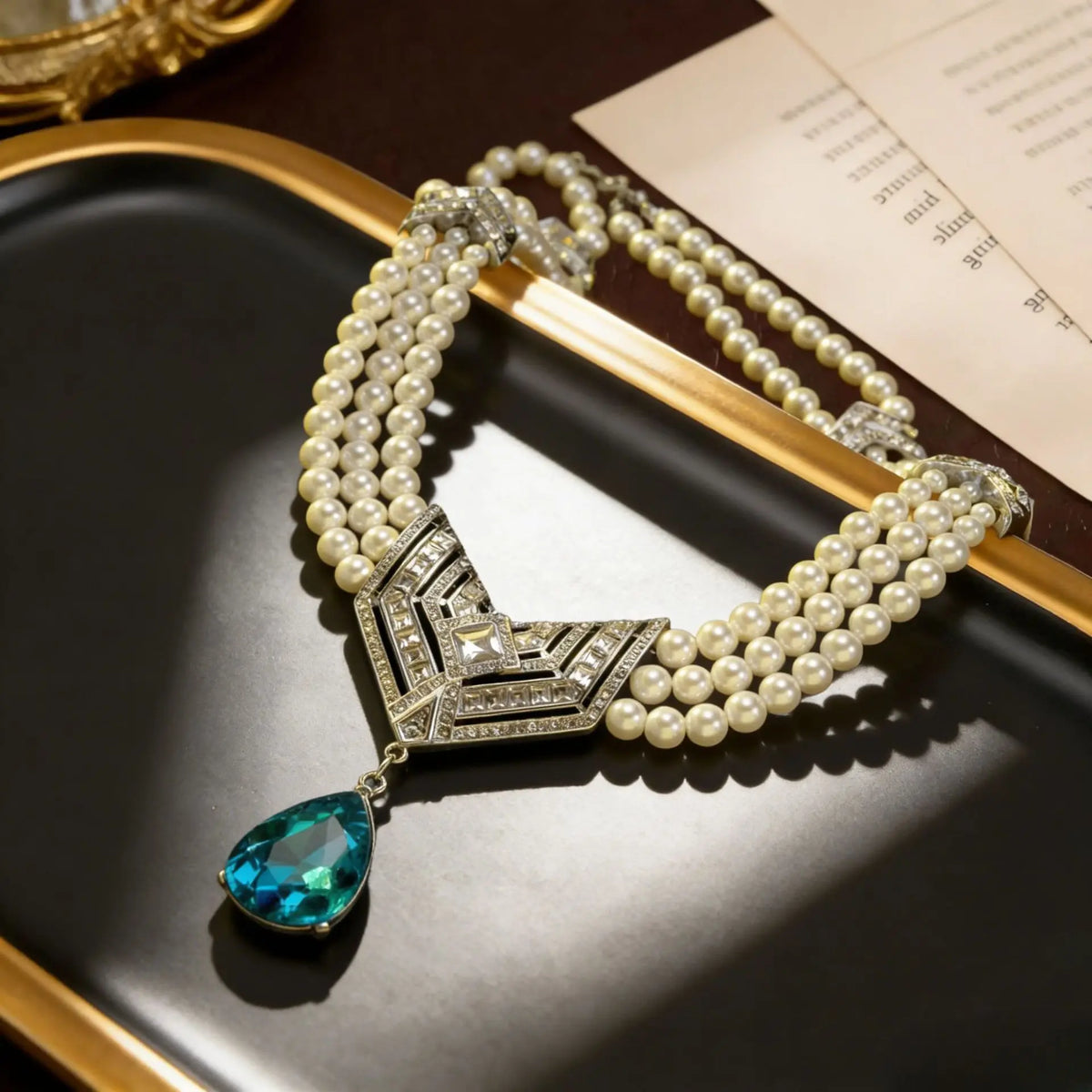 Vintage multi-layer pearl crystal pendant necklace