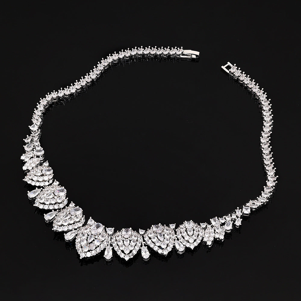 Luxury Heart Shape Crystal Jewelry Set Blue Pink Zircon Necklace Earrings Ring Bridal Statement Set for Women