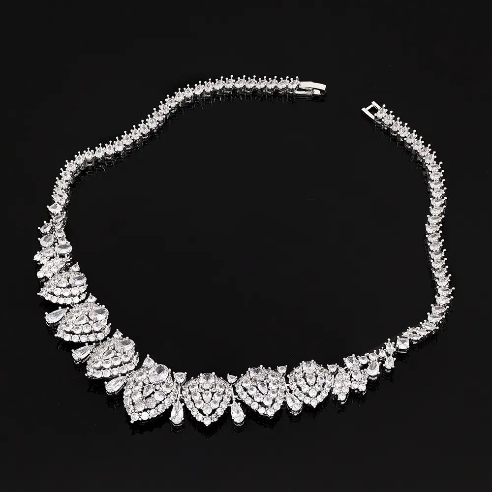 Luxury Heart Shape Crystal Jewelry Set Blue Pink Zircon Necklace Earrings Ring Bridal Statement Set for Women