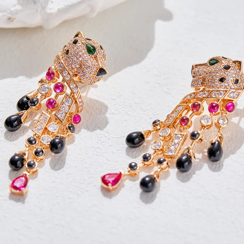 Boucles d'oreilles personnalisées léopard à franges plaqué or mode