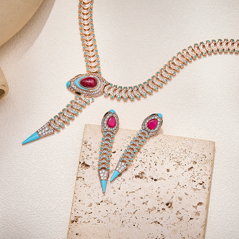 Luxury Rose Gold Statement Jewelry Set Snake Design Necklace Earrings with Ruby Blue Enamel Accent for Women