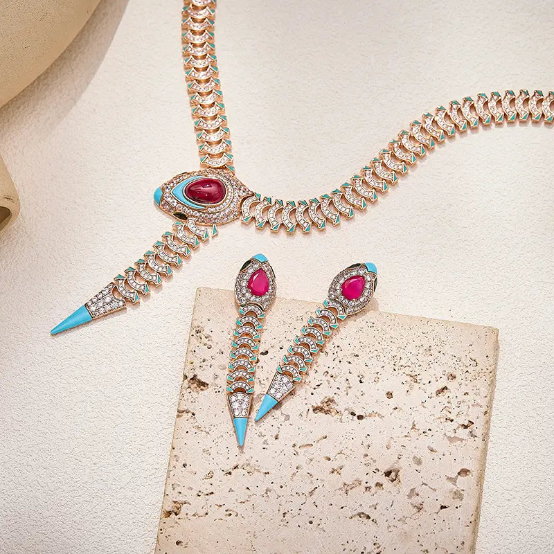 Luxury Rose Gold Statement Jewelry Set Snake Design Necklace Earrings with Ruby Blue Enamel Accent for Women