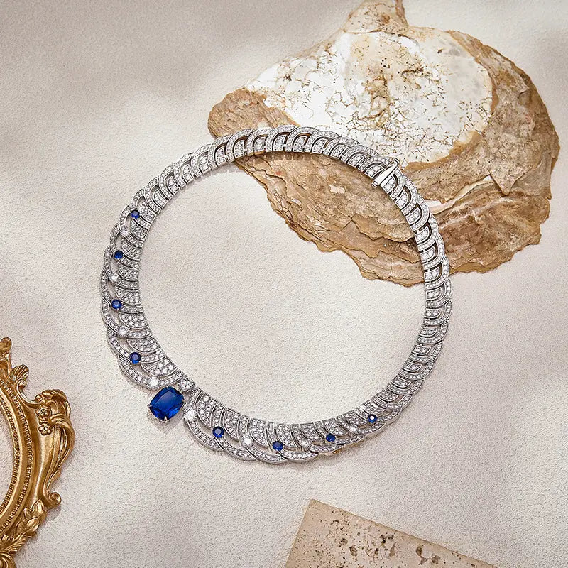 Blue Sapphire Crystal Necklace and Earrings Set Luxury Jewelry for Women Elegant Party Set