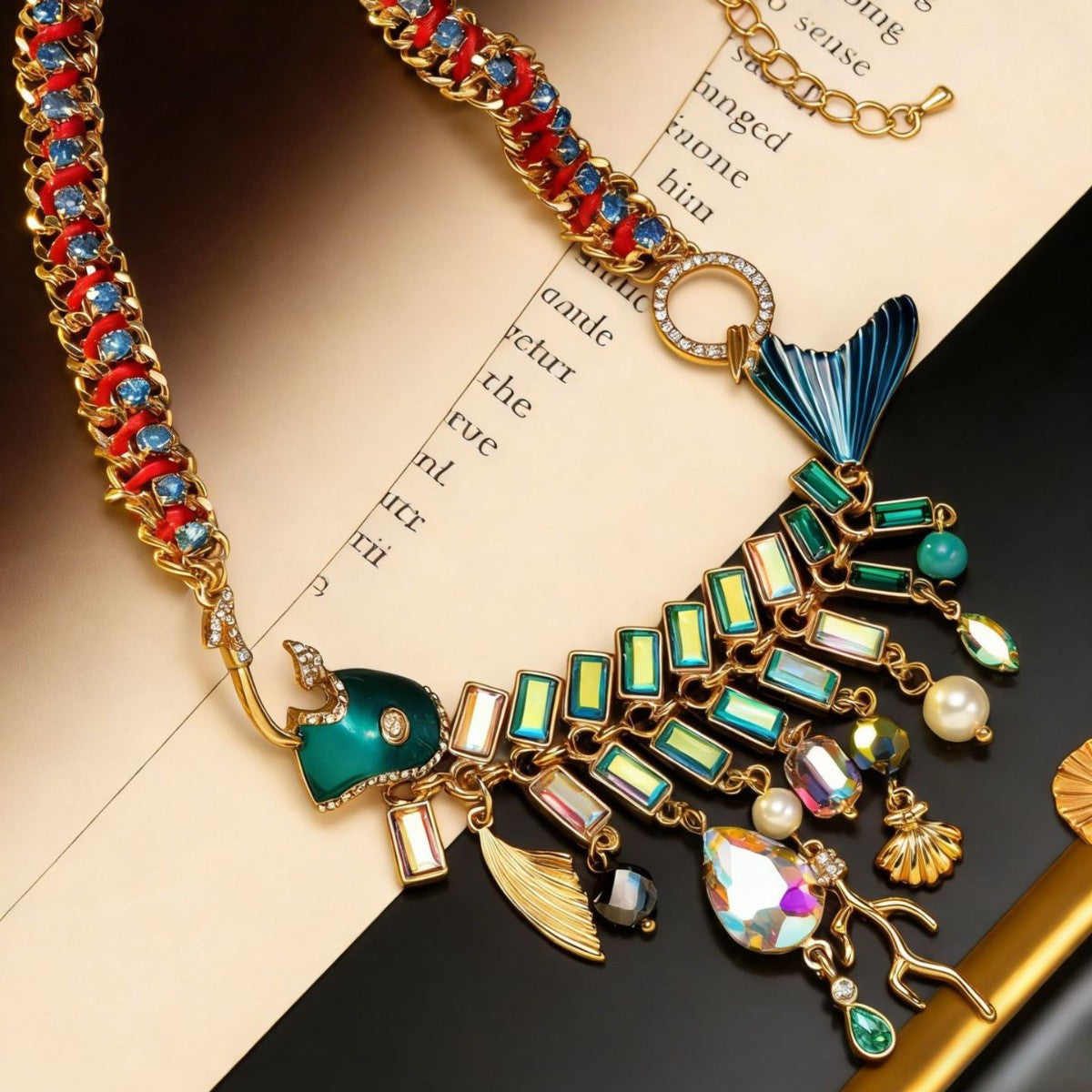 Medieval Heavy Industry Fish Bone Tassel Diamond Necklace
