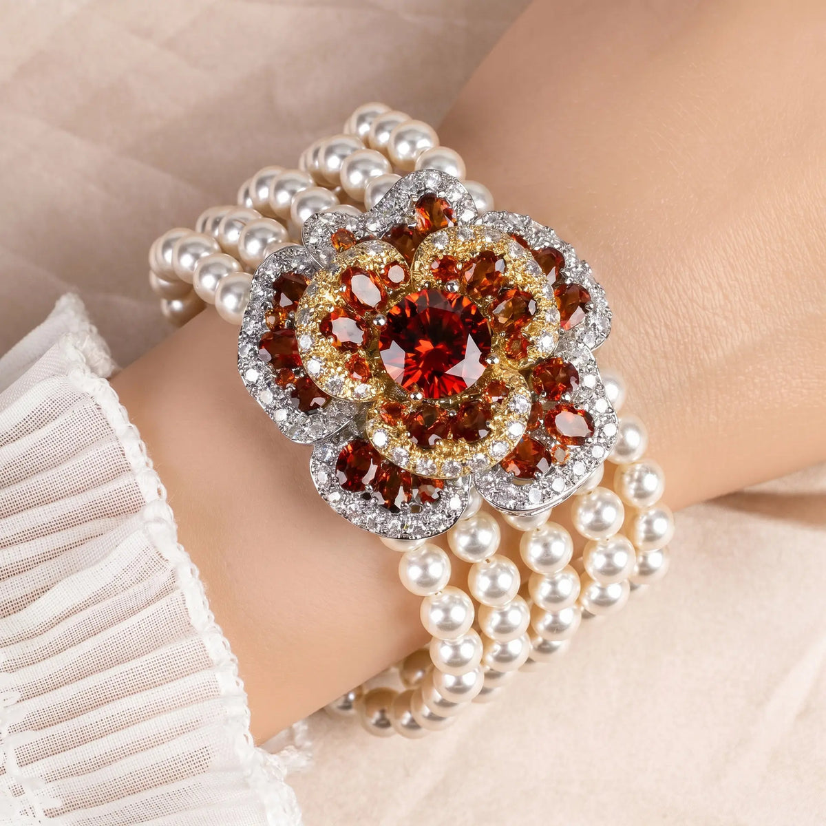 Bracelet de luxe en cristal rouge orange avec perle et fleur pour femme