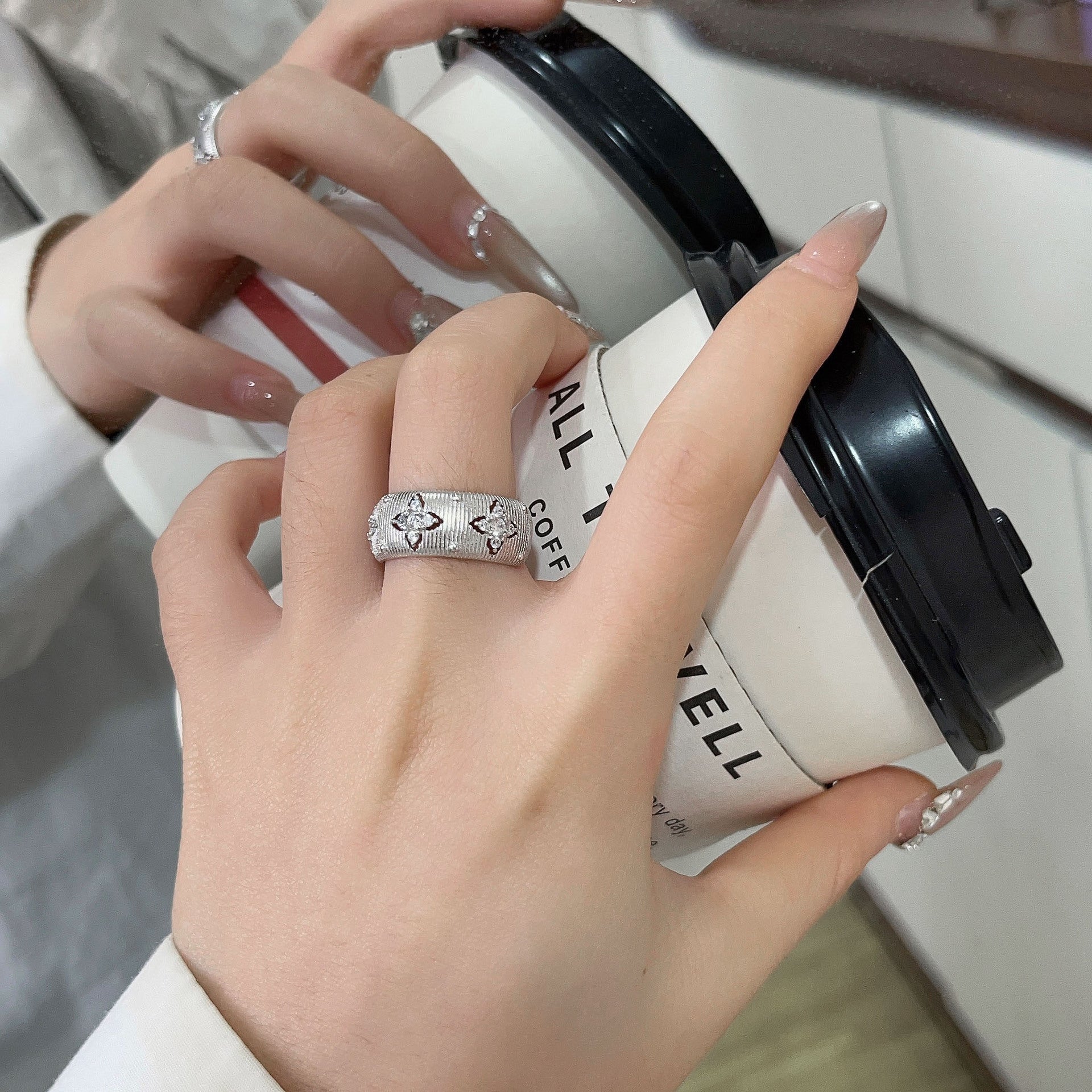 Hollow brushed zircon open ring