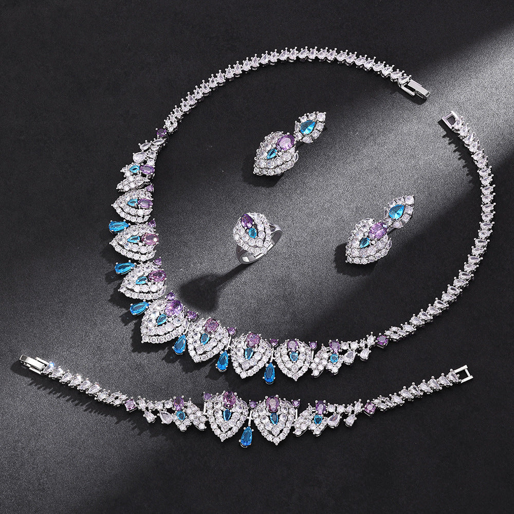 Luxury Heart Shape Crystal Jewelry Set Blue Pink Zircon Necklace Earrings Ring Bridal Statement Set for Women
