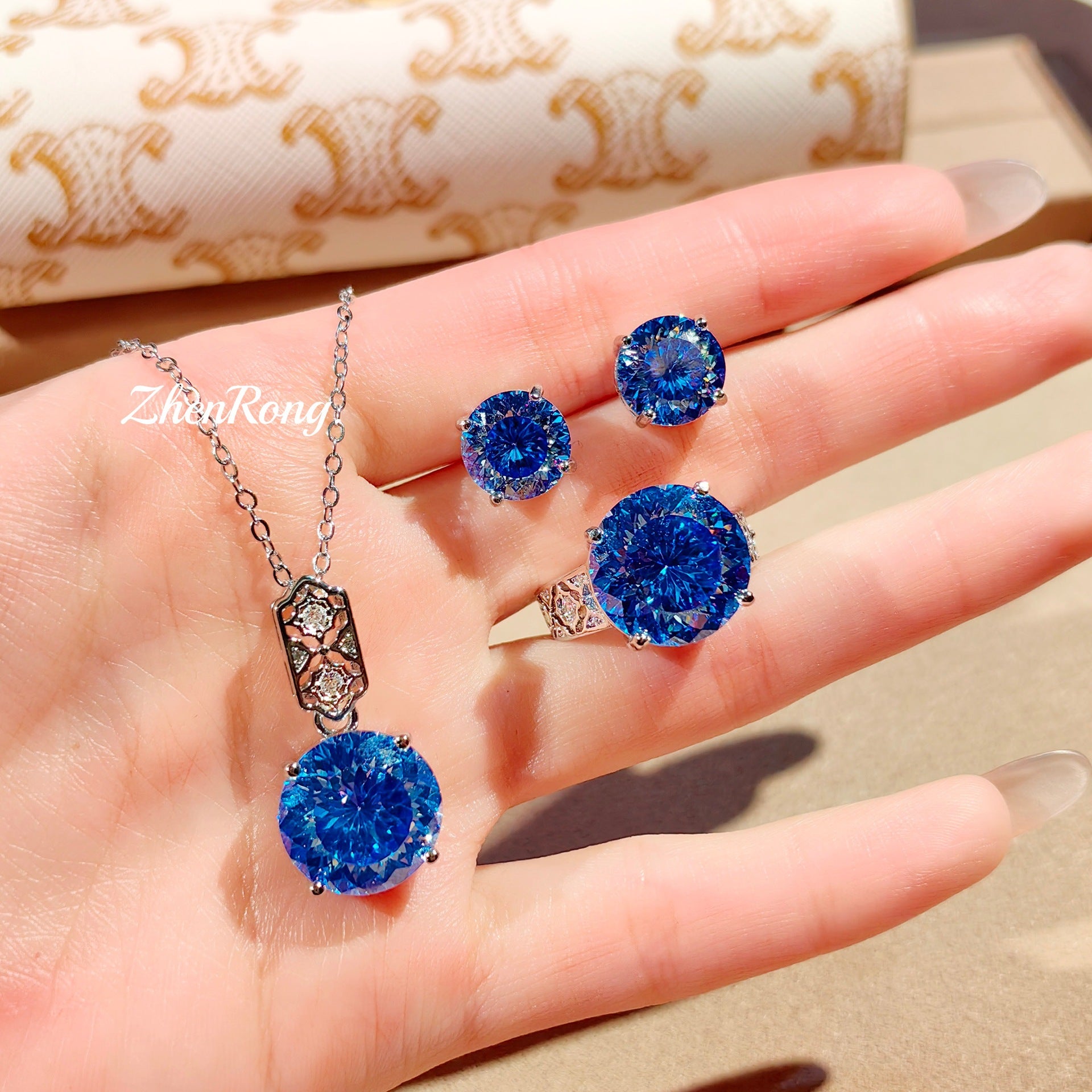 Parure de bijoux de luxe en cristal bleu-vert – Collier, boucles d'oreilles et bague pour femme