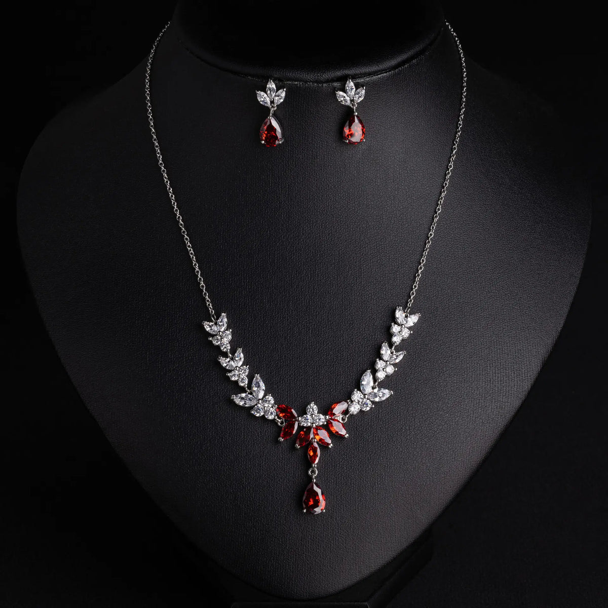 Vintage Inspired Crystal Jewelry Set – Red Gemstone Necklace Earrings Collection