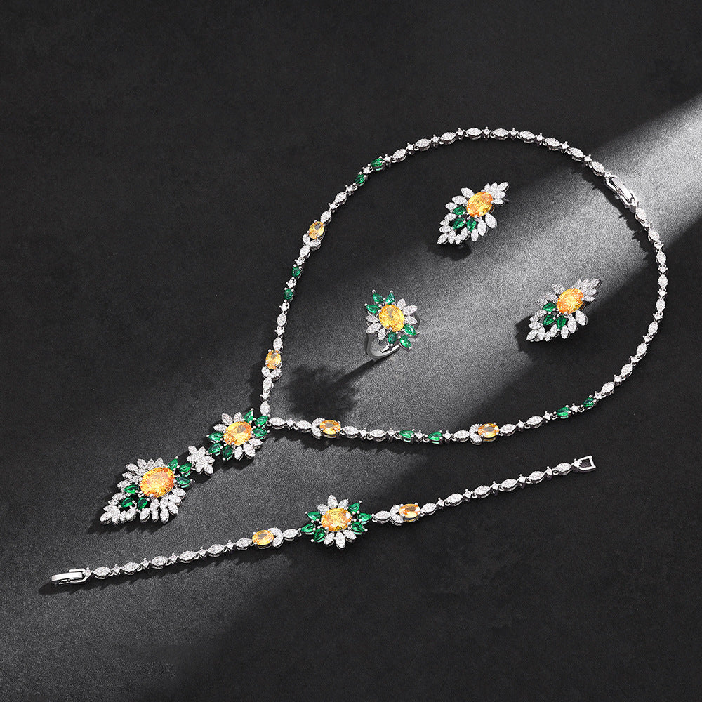 Luxury Floral Crystal Jewelry Set Orange Green Zircon Necklace Earrings Ring Silver Plated Statement Set for Women
