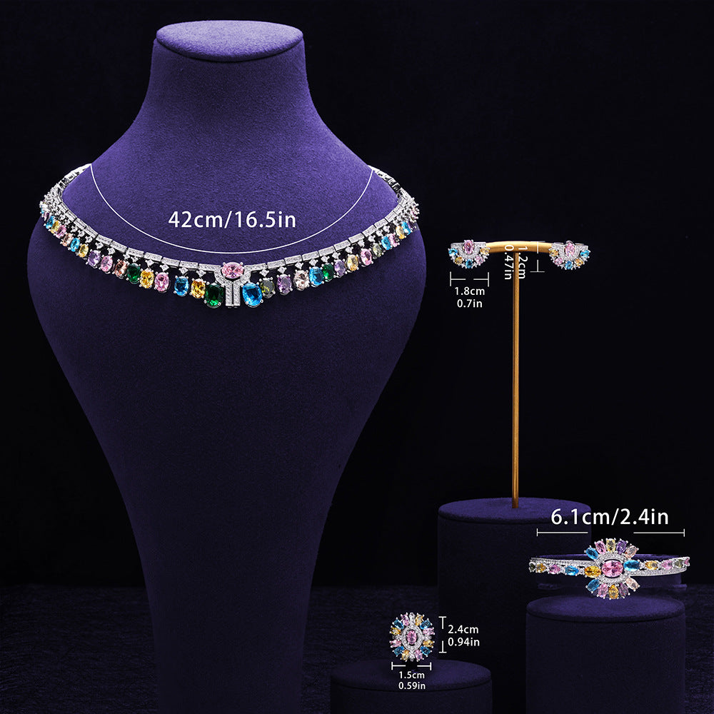 Luxury Rainbow Crystal Statement Jewelry Set – Necklace Earrings Ring Bridal Set