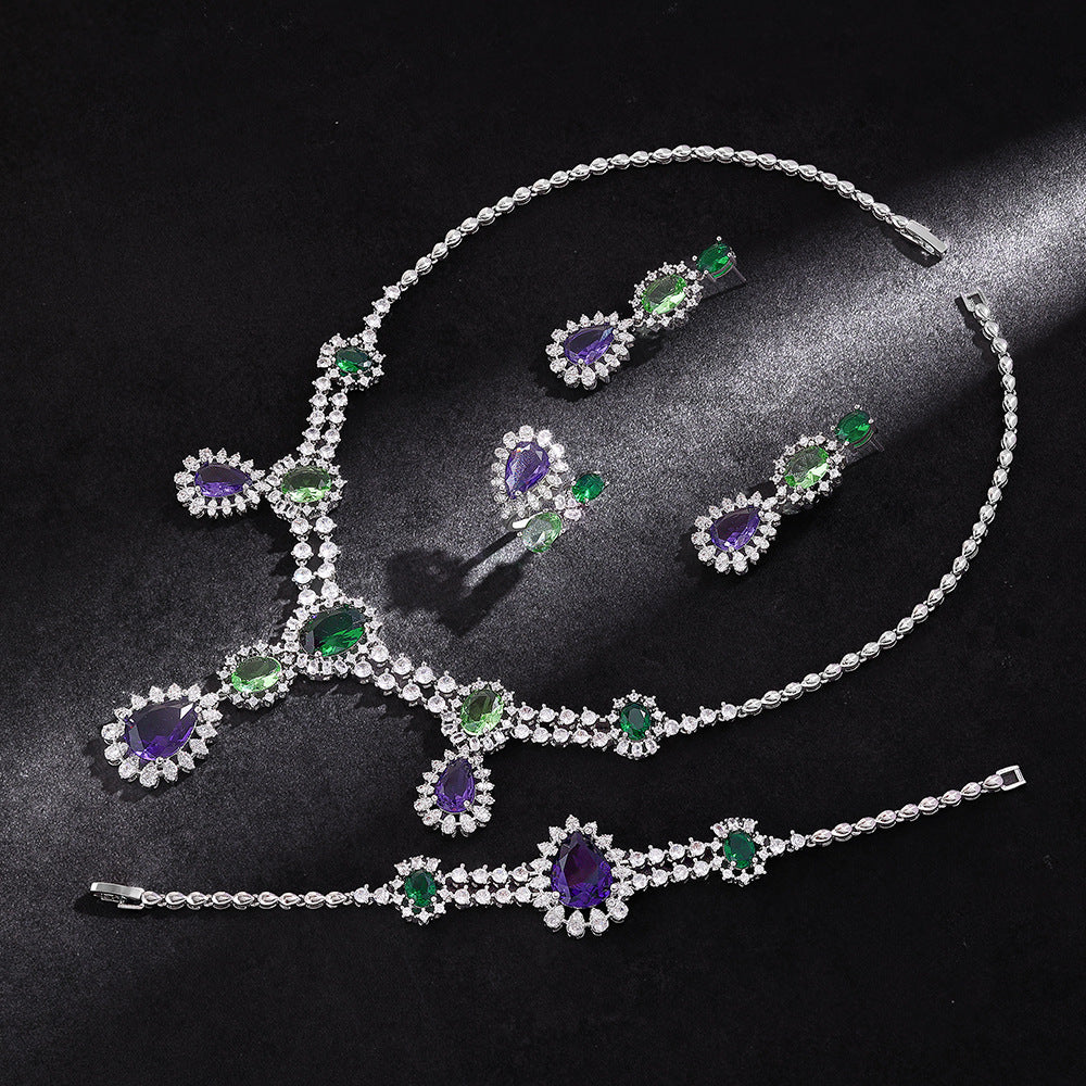 Luxury Purple Green Crystal Necklace Earrings Bracelet Ring Jewelry Set