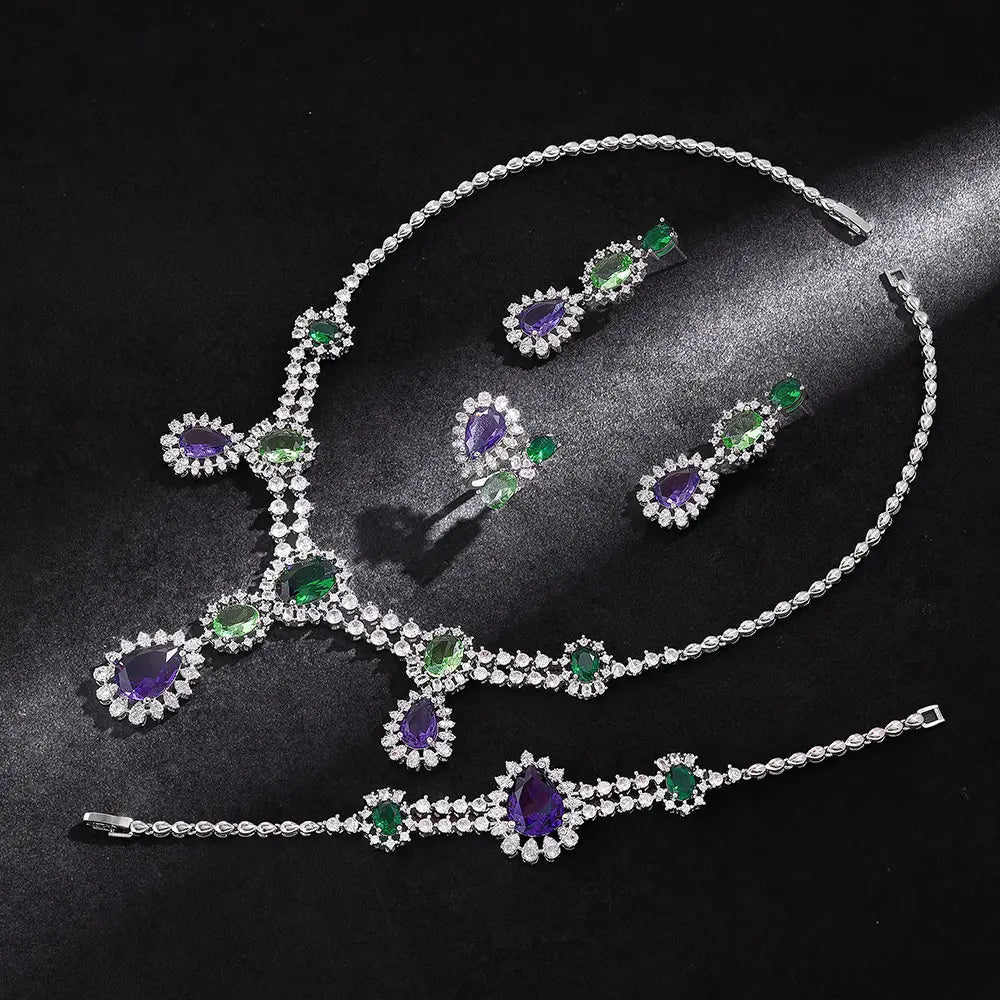 Luxus Lila Grüne Kristall Halskette Ohrringe Armband Ring Schmuckset