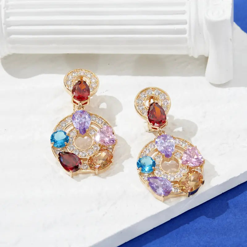 Boucles d'oreilles en opale plaqué or avec pierres précieuses colorées et mode