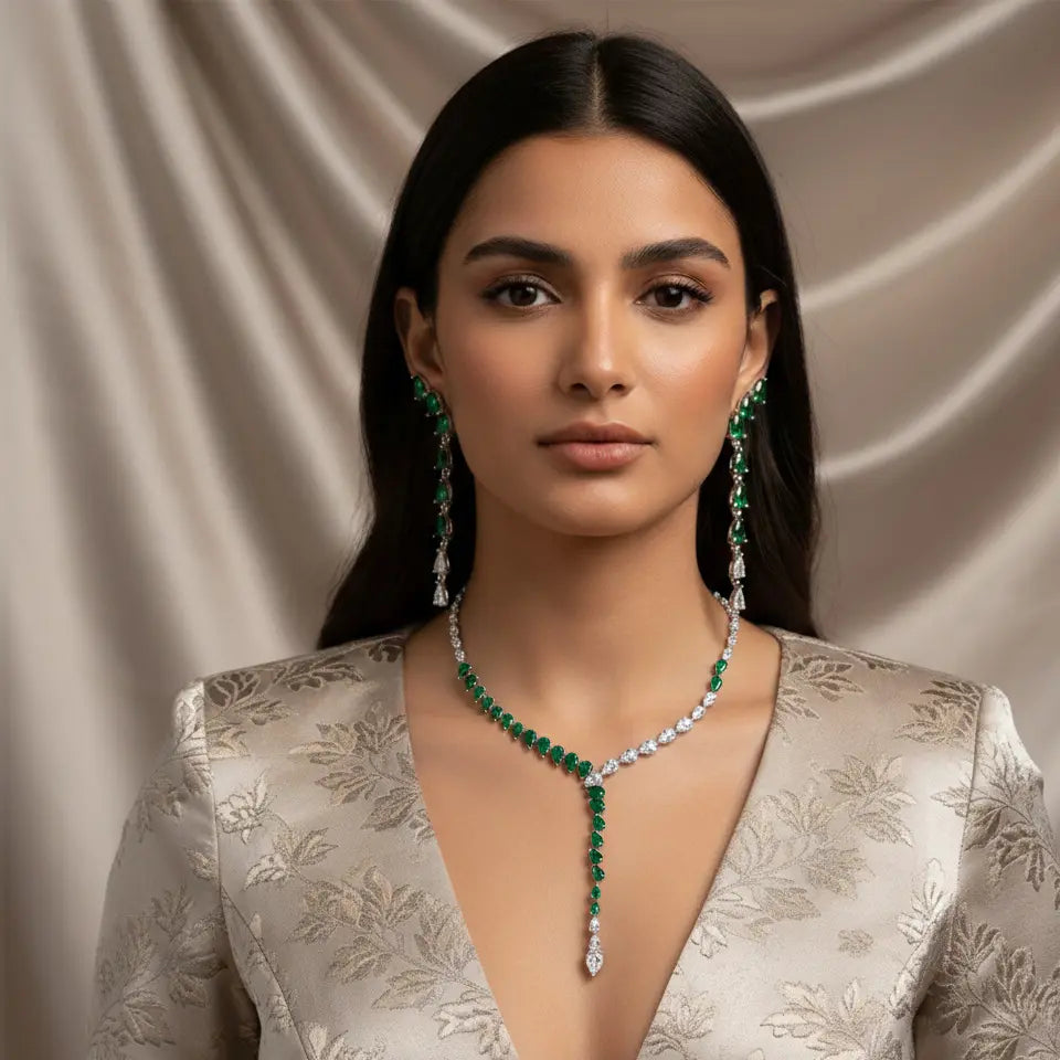Luxury Green Crystal Y Necklace Set – Sparkling Drop Earrings Jewelry