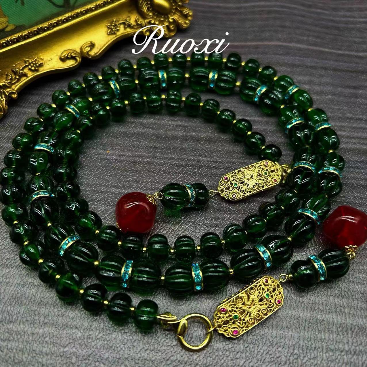 New Chinese retro glazed pumpkin beads emerald, double stacked fringed necklace