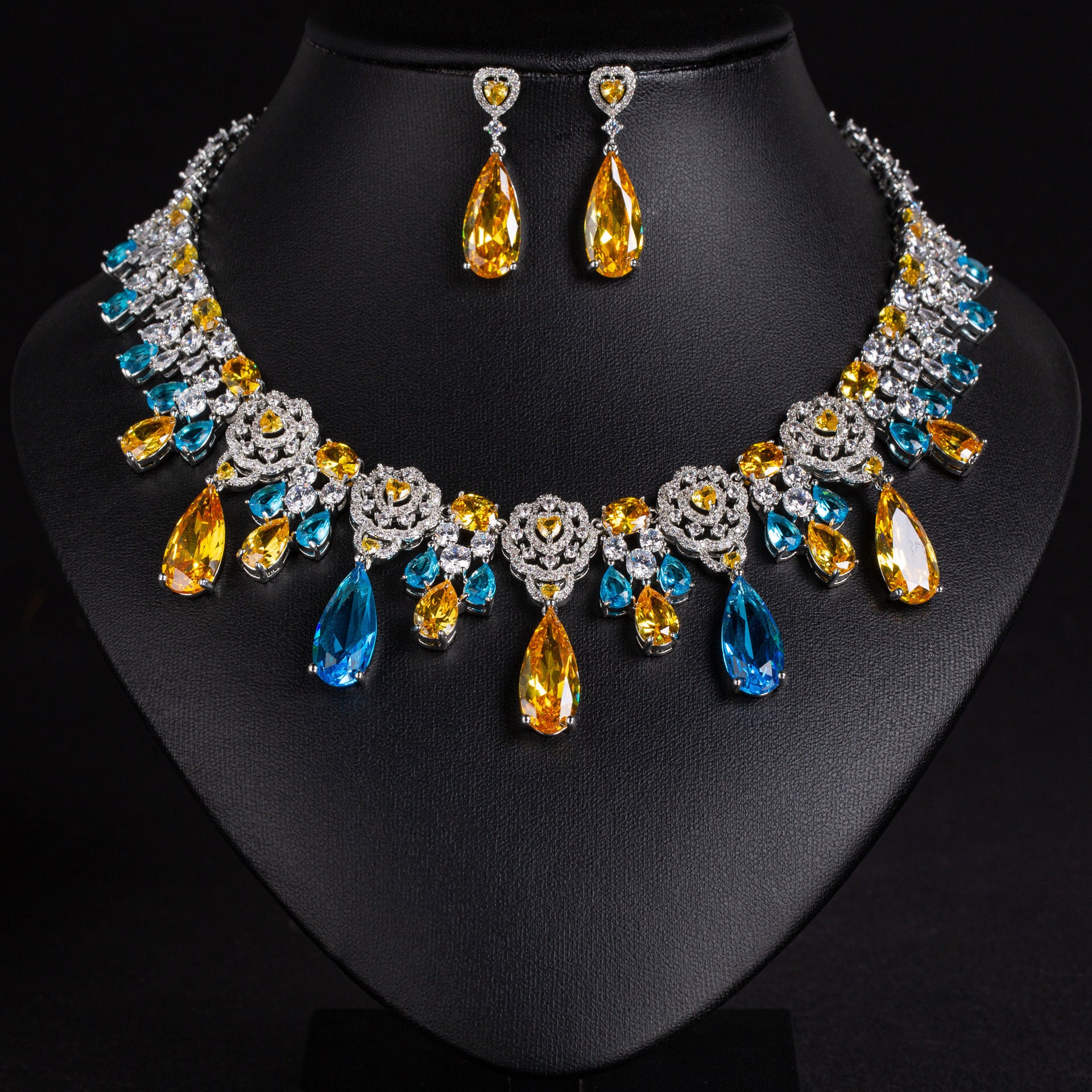 Luxury Purple & Blue Gemstone Statement Necklace Set for Women – Floral Jewelry with Matching Earrings