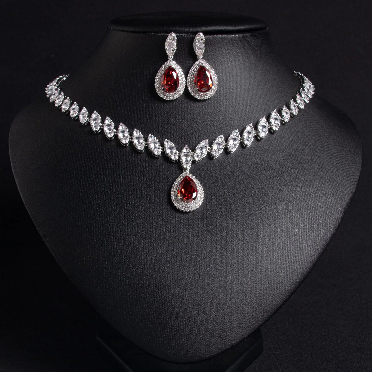 Parure de bijoux de luxe en cristal rouge larme – Style élégant pour mariée