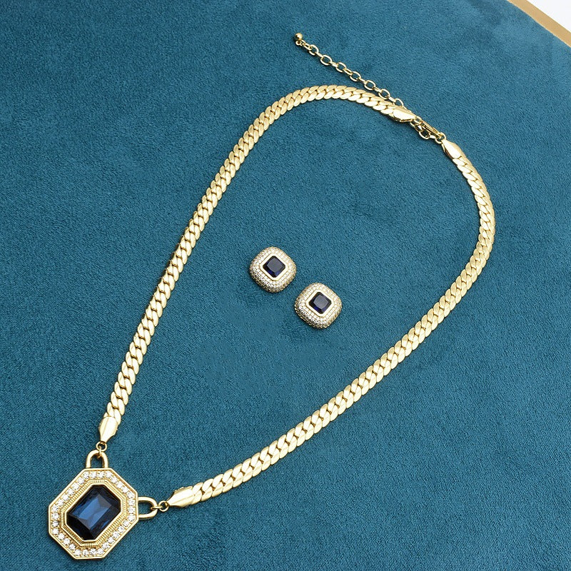 Retro simple snake bone square elegant glass inlaid stud earrings necklace set