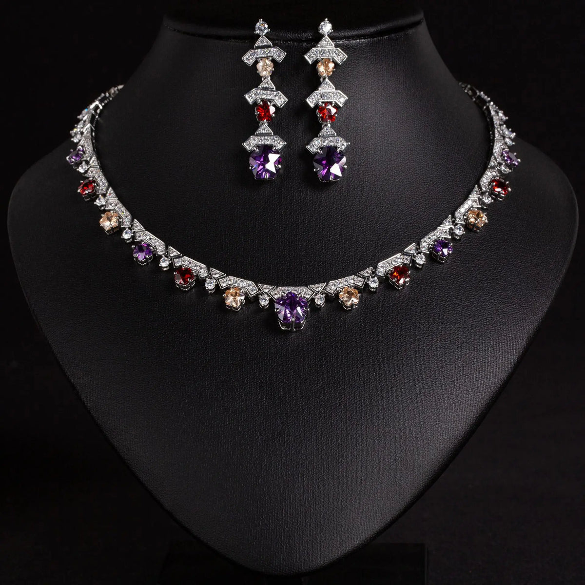 Luxury Purple Crystal Necklace Earrings Set – Silver Statement Jewelry
