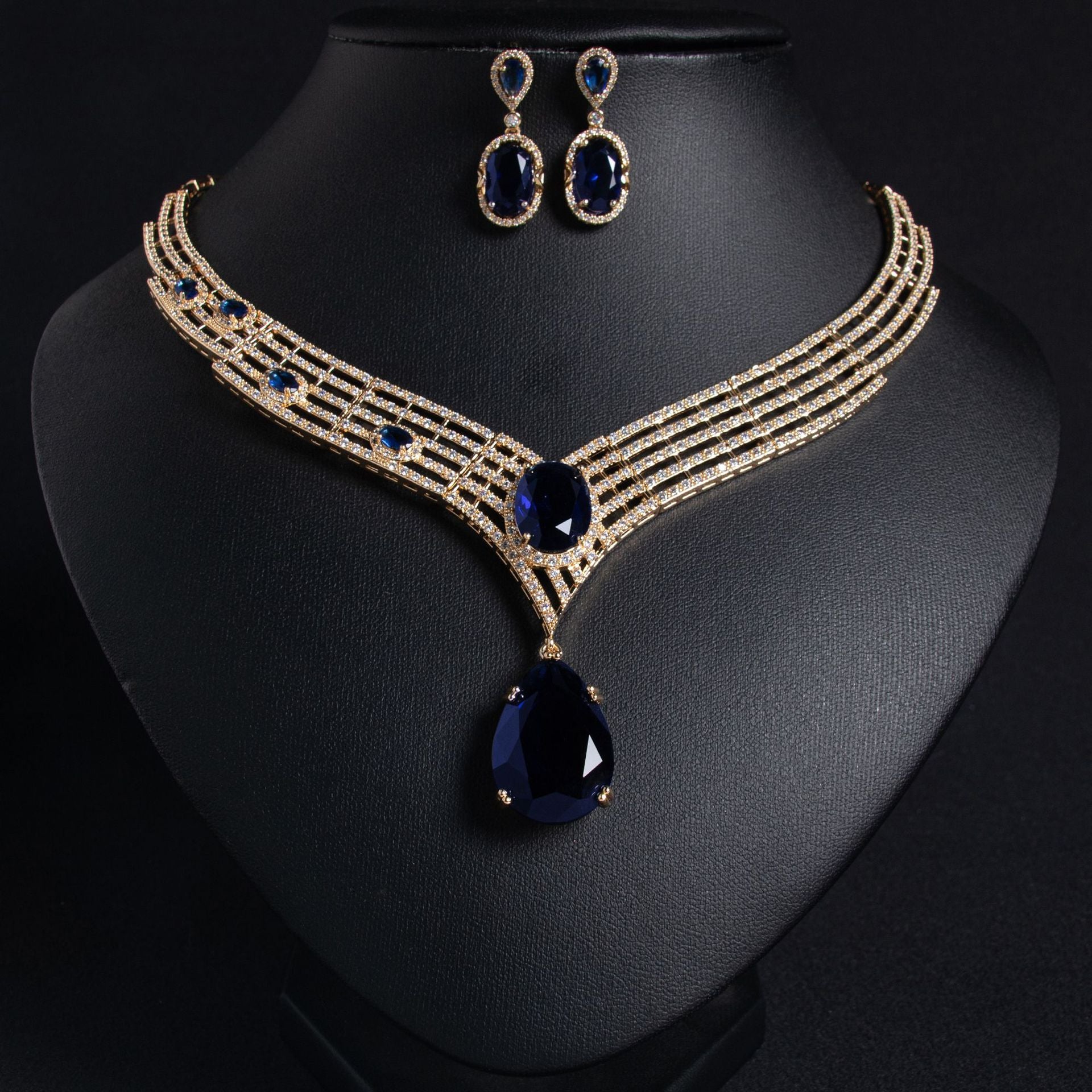 Luxury Deep Red Gemstone Statement Necklace Set for Women – Gold Jewelry with Matching Earrings
