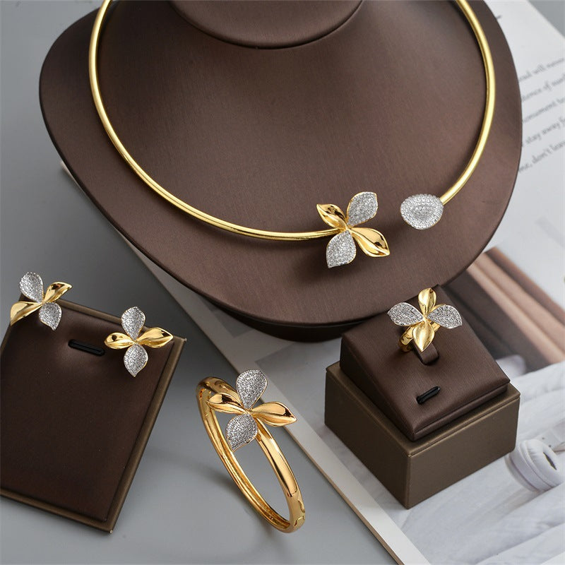 S925 Gold Plated Flower Full Diamond Necklace Set