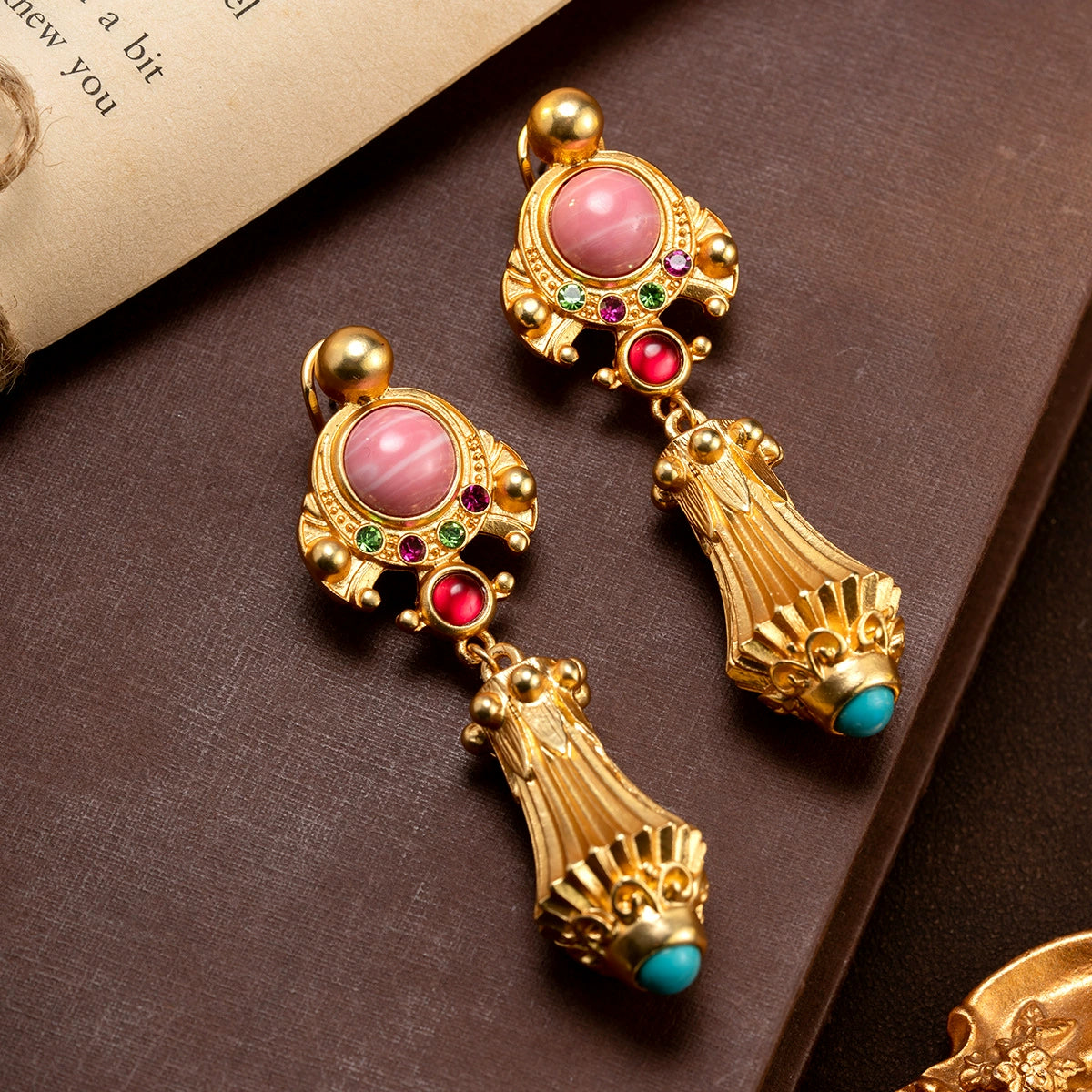 Vintage Green Enamel Floral Drop Earrings for Women