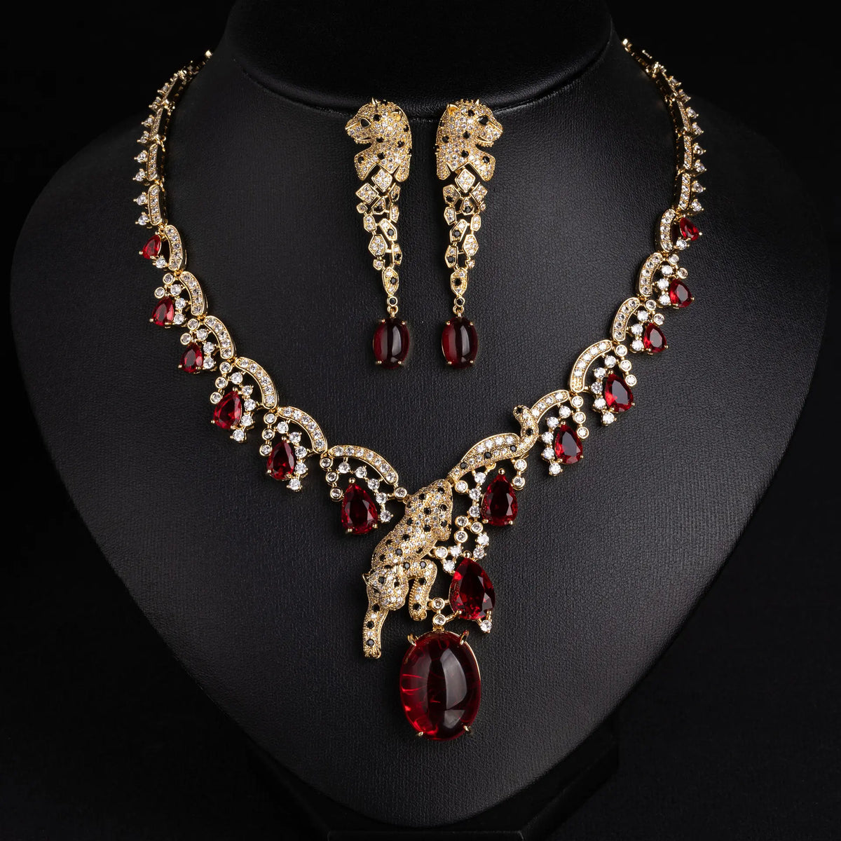 Ensemble Collier Léopard Luxe Cristal – Bijoux Fantaisie Rouge Éclatant pour Femmes