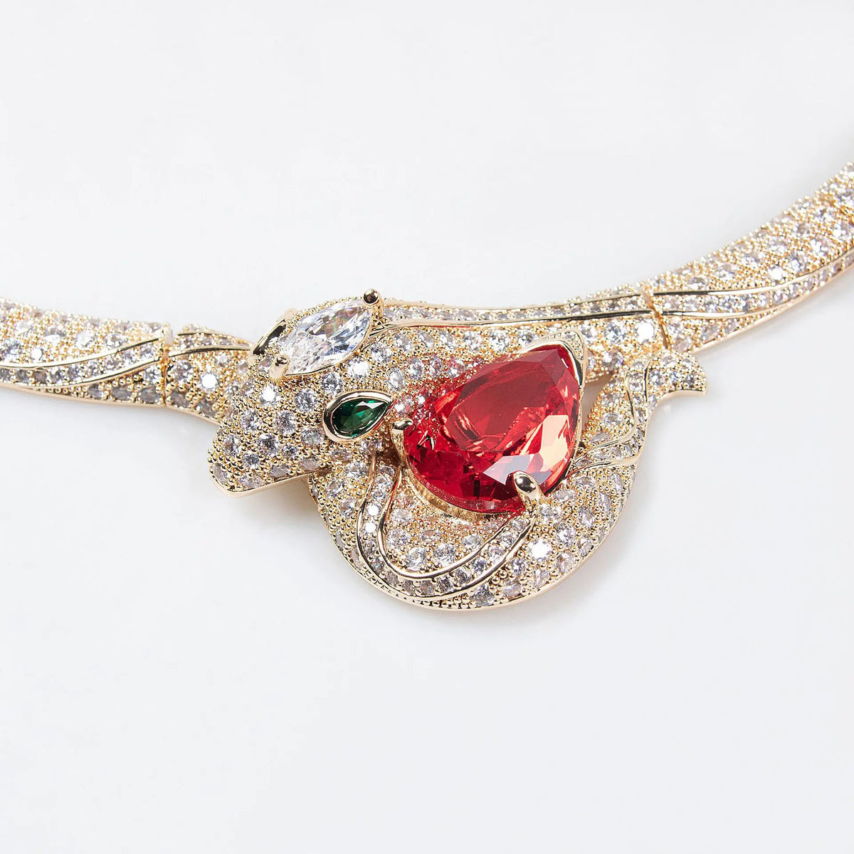 Luxury Red Crystal Bird Pendant Necklace Set – Sparkling Gold Earrings