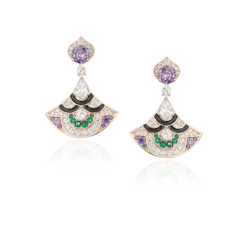 Nouvelles boucles d'oreilles éventail violet plaqué or