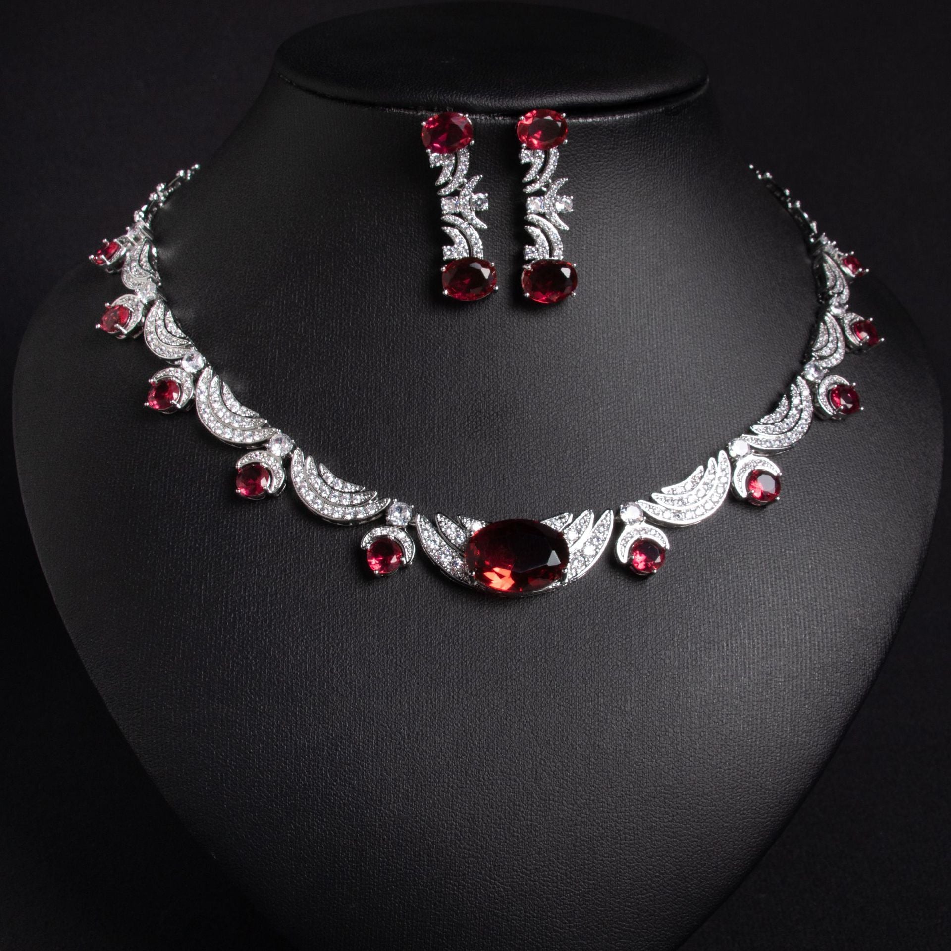 Luxury Ruby Red Crystal Necklace Earrings Set – Elegant Statement Jewelry for Women