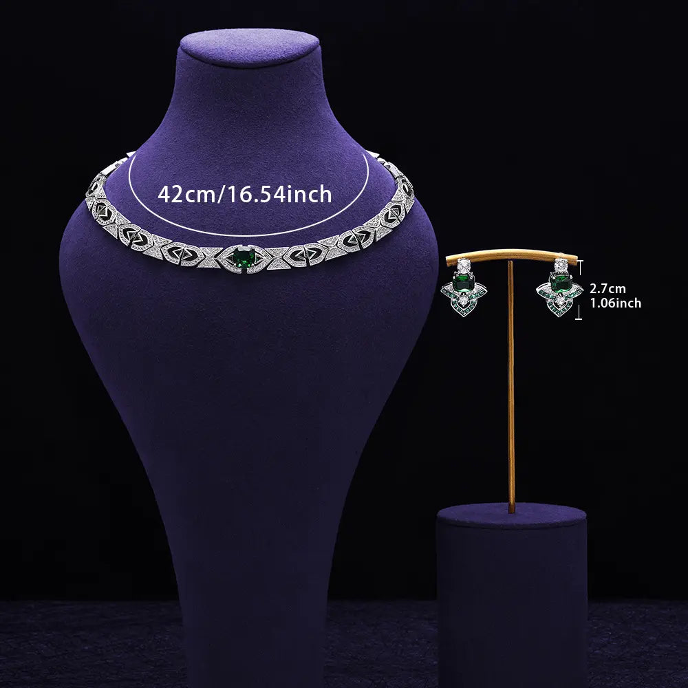 Luxury Green Crystal Geometric Necklace Set Silver Tone Statement Jewelry Set Earrings for Women