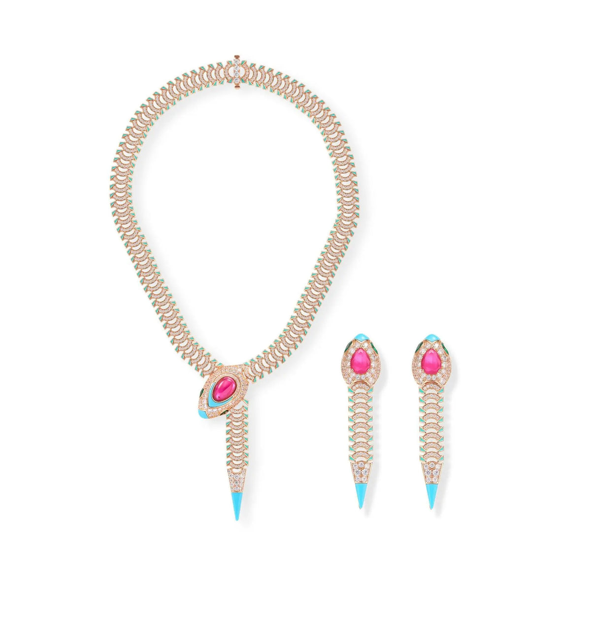 Luxury Rose Gold Statement Jewelry Set Snake Design Necklace Earrings with Ruby Blue Enamel Accent for Women