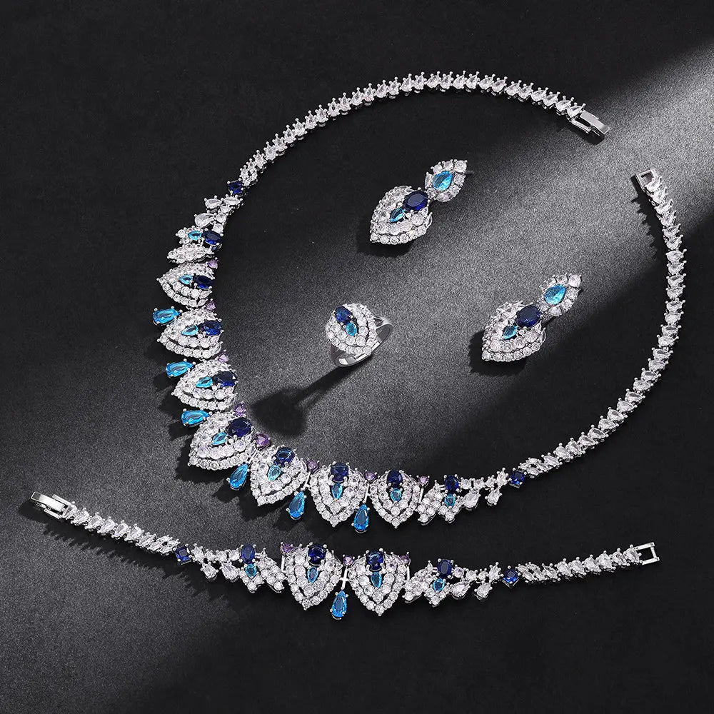 Luxury Heart Shape Crystal Jewelry Set Blue Pink Zircon Necklace Earrings Ring Bridal Statement Set for Women