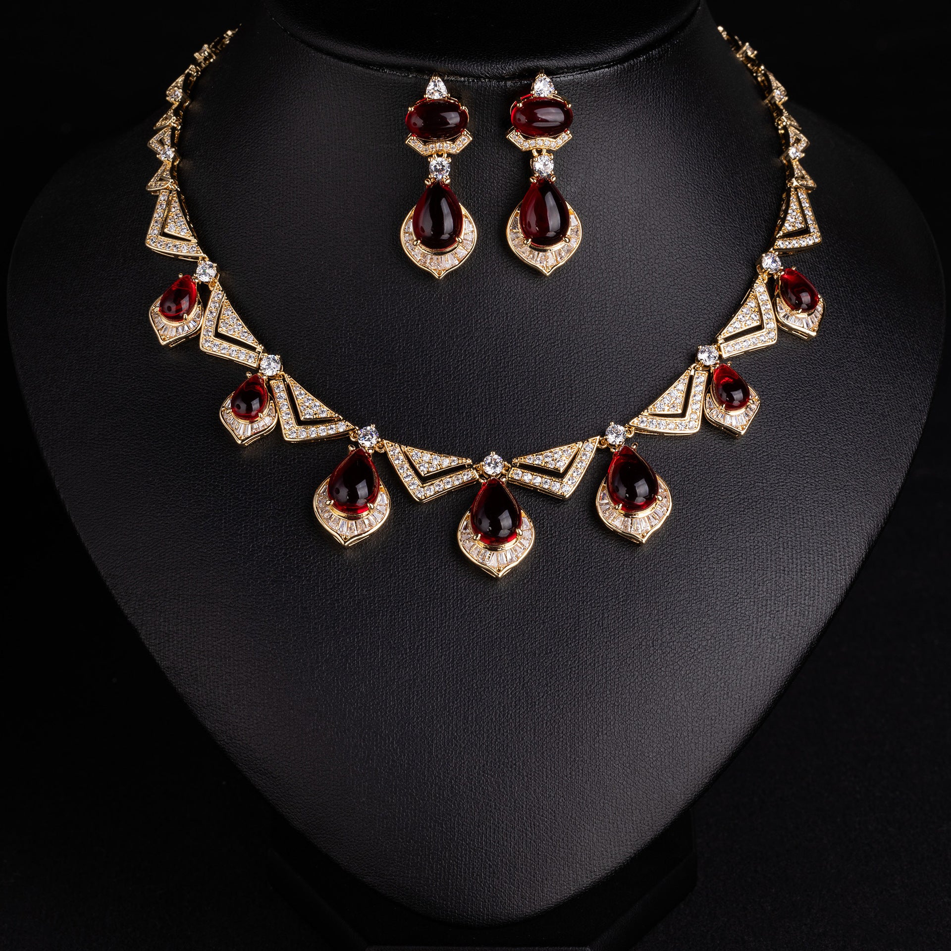 Luxury Ruby Red Crystal Necklace and Earrings Jewelry Set