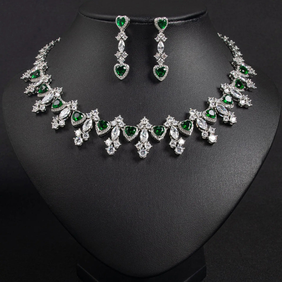 Luxury Emerald Pink Crystal Necklace and Earrings Jewelry Set