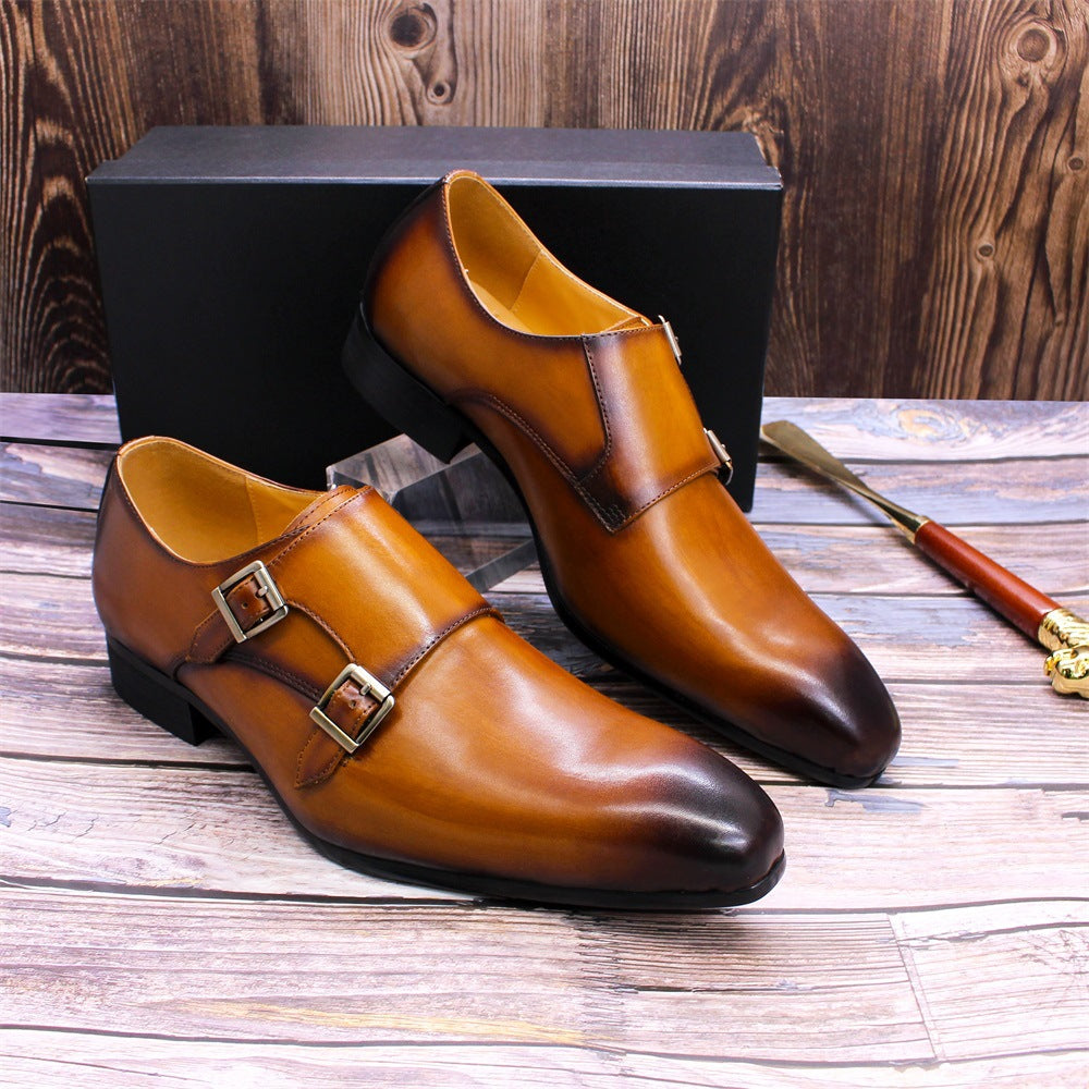 Brown Leather Buckle Men's Loafers Pointed Handmade Leather Shoes