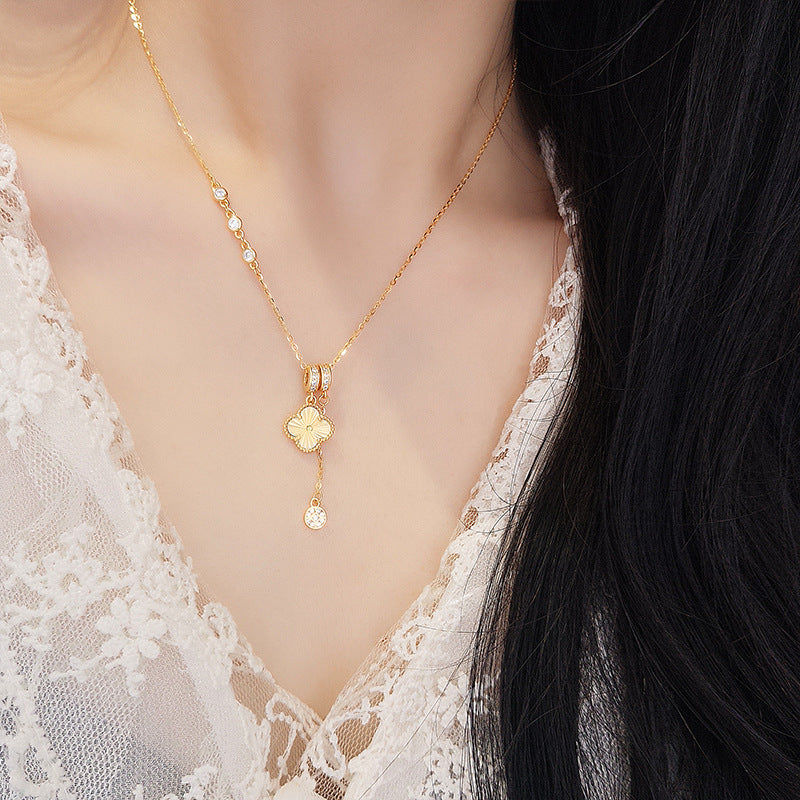 S925 Sterling Silver Lucky Clover Asymmetrical Necklace