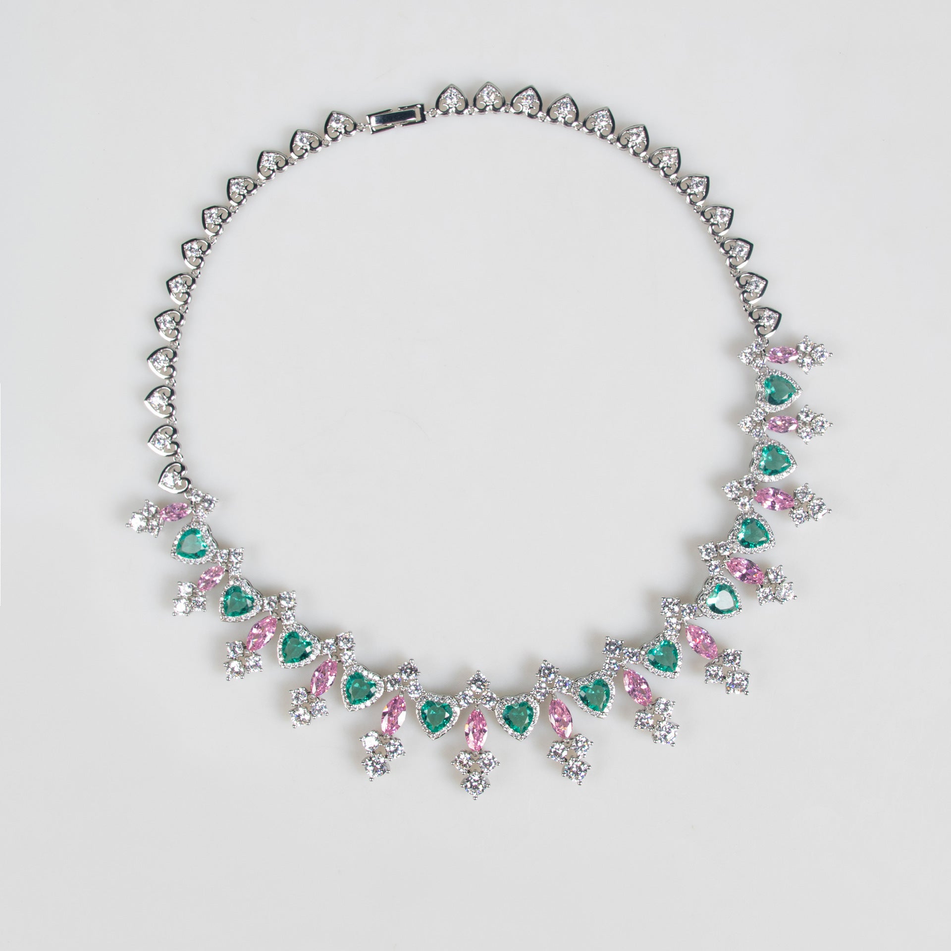 Luxury Emerald Pink Crystal Necklace and Earrings Jewelry Set