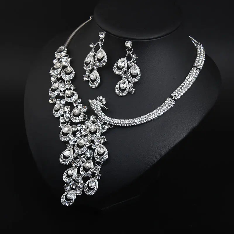 Luxury Multicolor Crystal Peacock Necklace and Earrings Jewelry Set