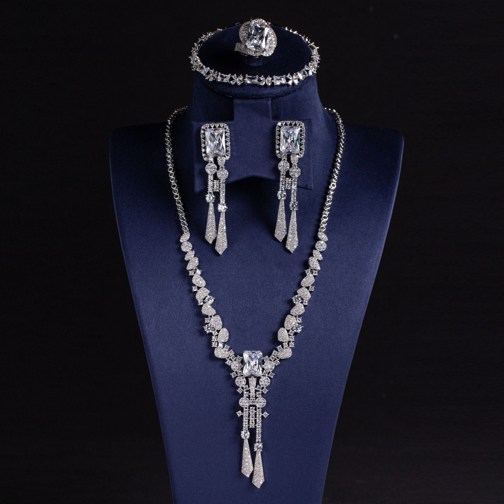 Luxury Ruby Red Crystal Jewelry Set – Necklace Earrings Ring Bracelet for Women