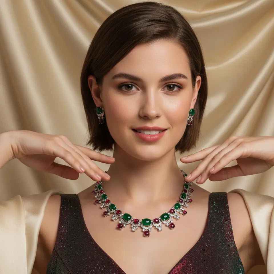 Parure collier et boucles d'oreilles de luxe en cristal vert émeraude et rouge rubis