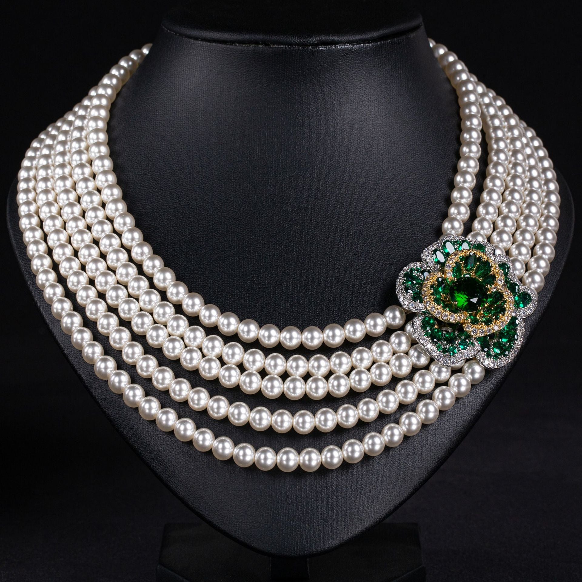 Luxury Multi Strand Pearl Necklace with Emerald Flower Brooch