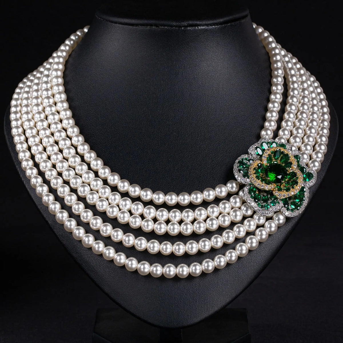 Luxury Multi Strand Pearl Necklace with Emerald Flower Brooch
