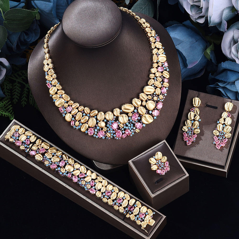 High-End Gold Statement Jewelry Set – Pink Blue Crystal Bridal Set for Women